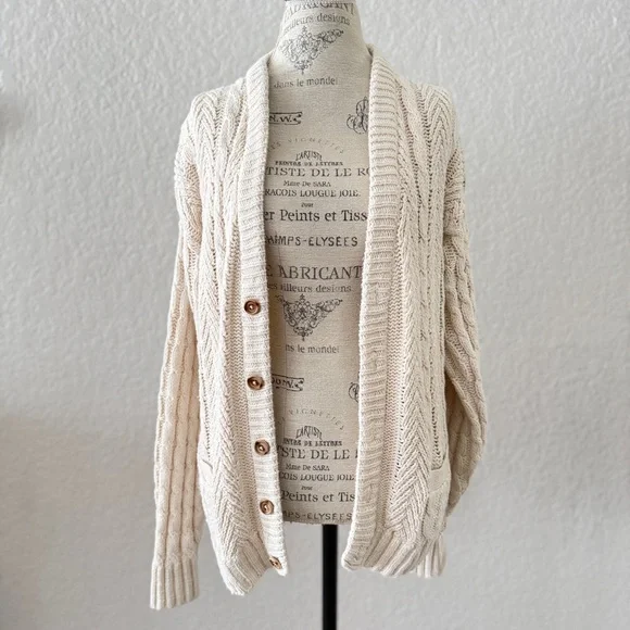 Cream Cable-Knit Button-Front Cardigan made in USA 100% cotton - Picture 1 of 10